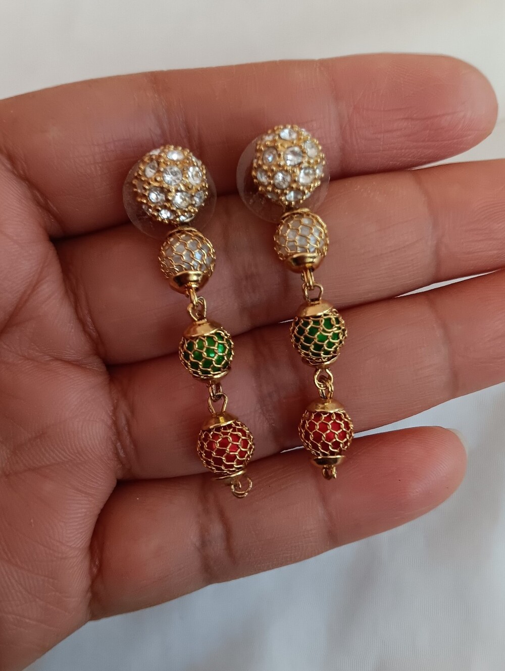 Gold- Dangle Earrings with Red & Green Enamel Beads